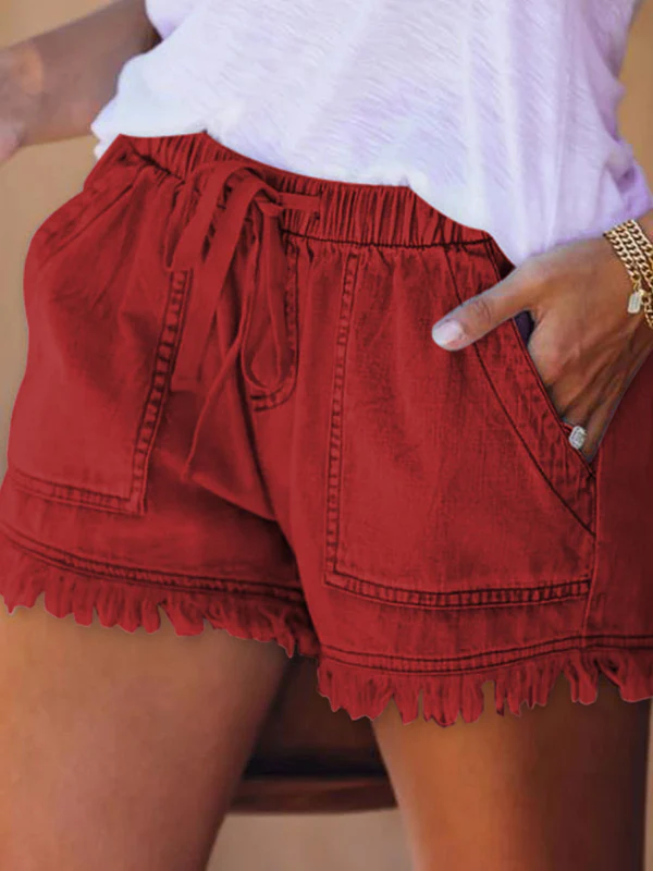10 Colors Casual Drawstring High Waisted Denim Fringed Shorts - Image 10