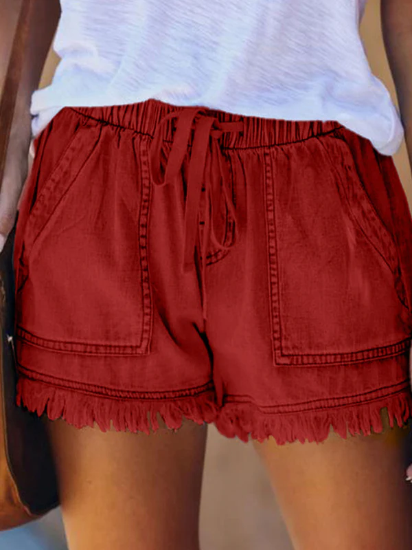 10 Colors Casual Drawstring High Waisted Denim Fringed Shorts - Image 11