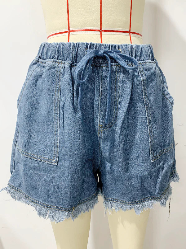10 Colors Casual Drawstring High Waisted Denim Fringed Shorts - Image 12