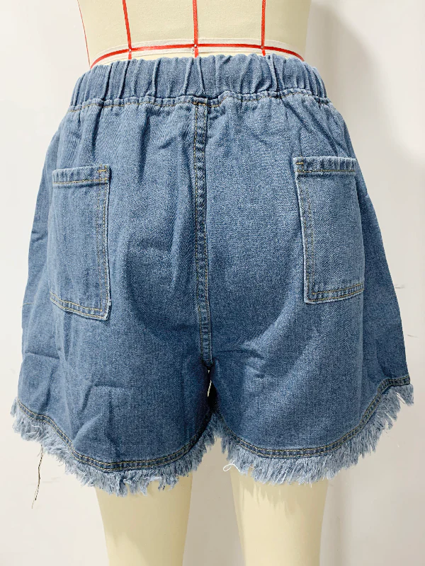 10 Colors Casual Drawstring High Waisted Denim Fringed Shorts - Image 13
