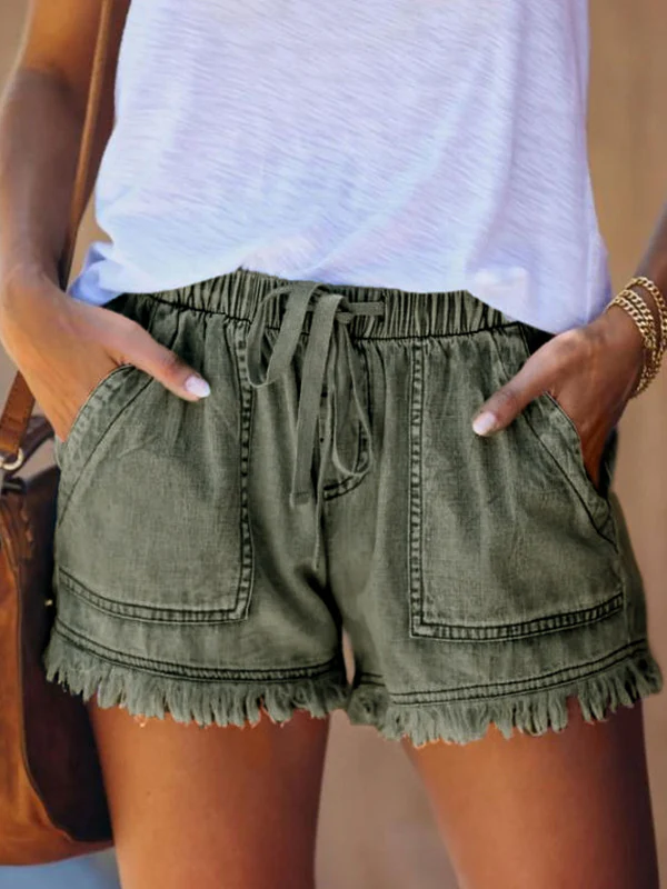 10 Colors Casual Drawstring High Waisted Denim Fringed Shorts - Image 3