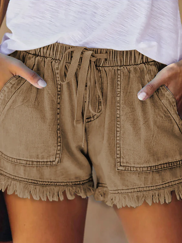 10 Colors Casual Drawstring High Waisted Denim Fringed Shorts - Image 4