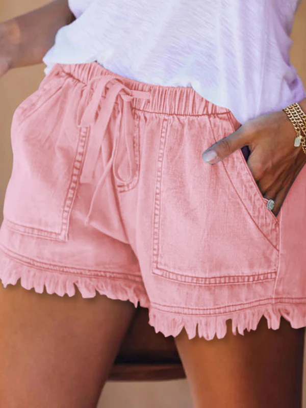 10 Colors Casual Drawstring High Waisted Denim Fringed Shorts - Image 5