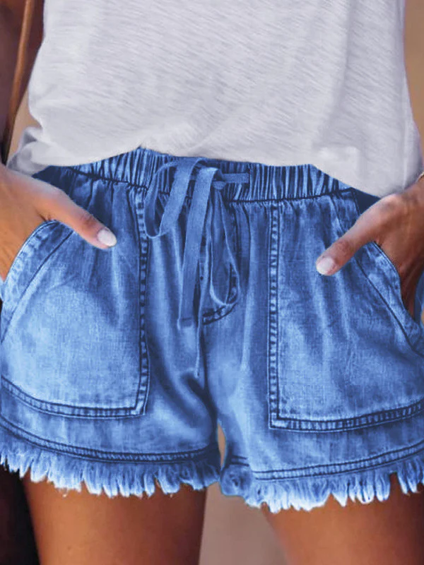 10 Colors Casual Drawstring High Waisted Denim Fringed Shorts - Image 6