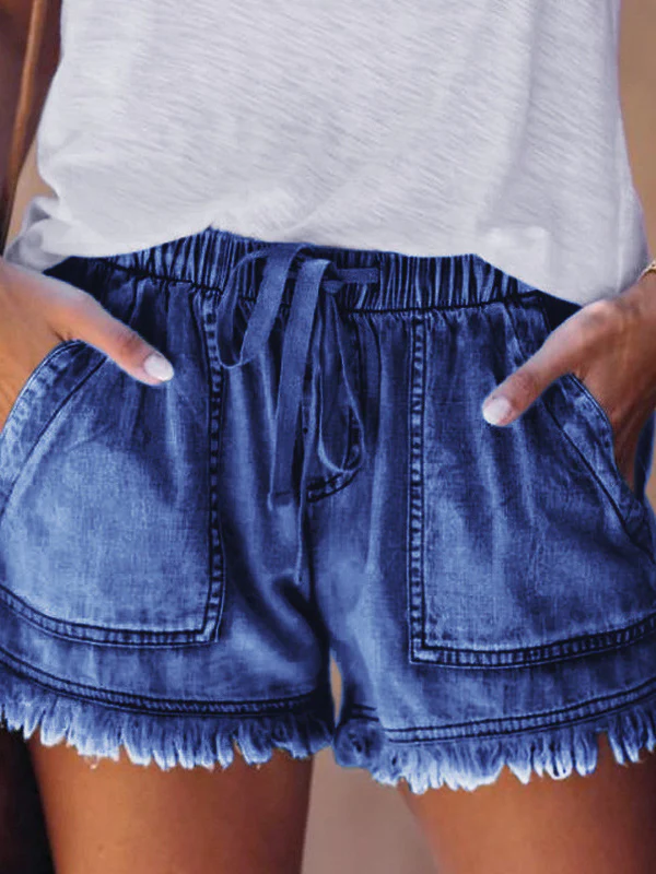 10 Colors Casual Drawstring High Waisted Denim Fringed Shorts - Image 7