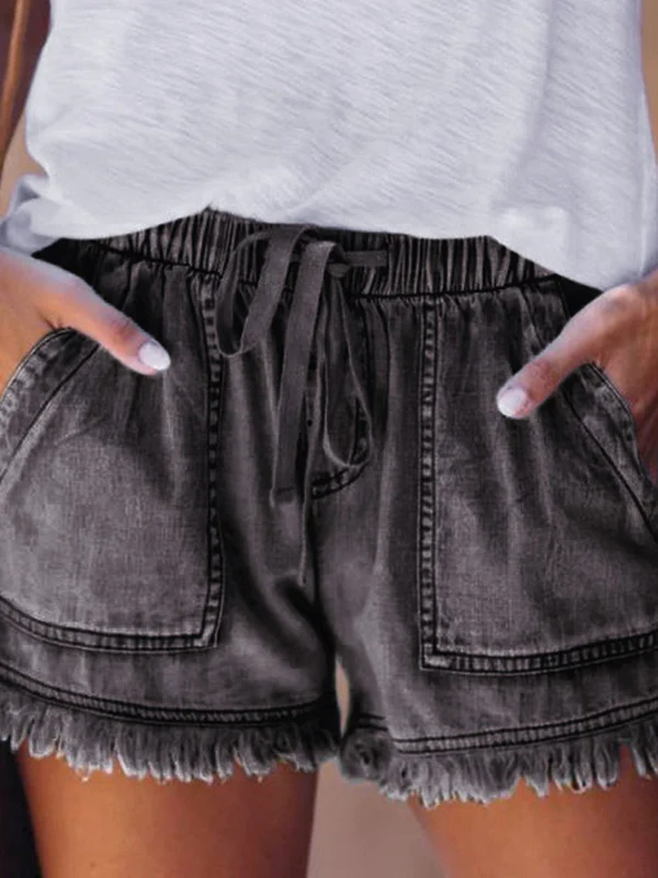 10 Colors Casual Drawstring High Waisted Denim Fringed Shorts - Image 8