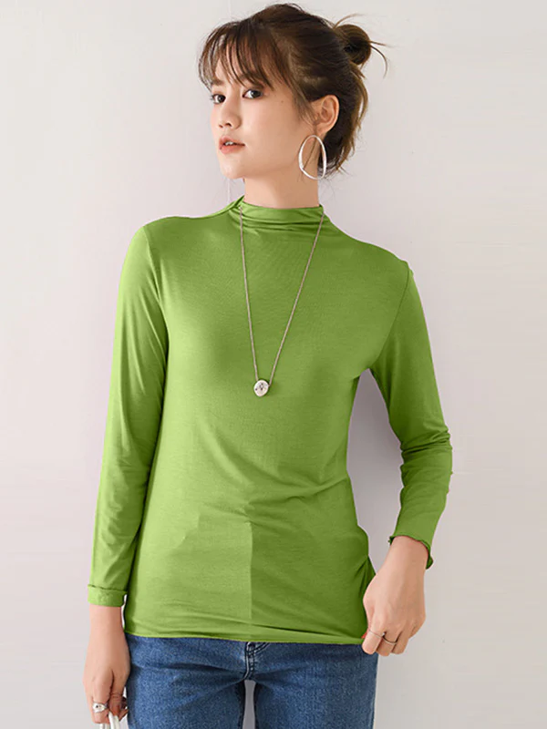 10 Colors Simple Solid Color Long Sleeves High-Neck T-Shirt Top - Image 10