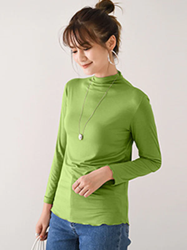 10 Colors Simple Solid Color Long Sleeves High-Neck T-Shirt Top - Image 11