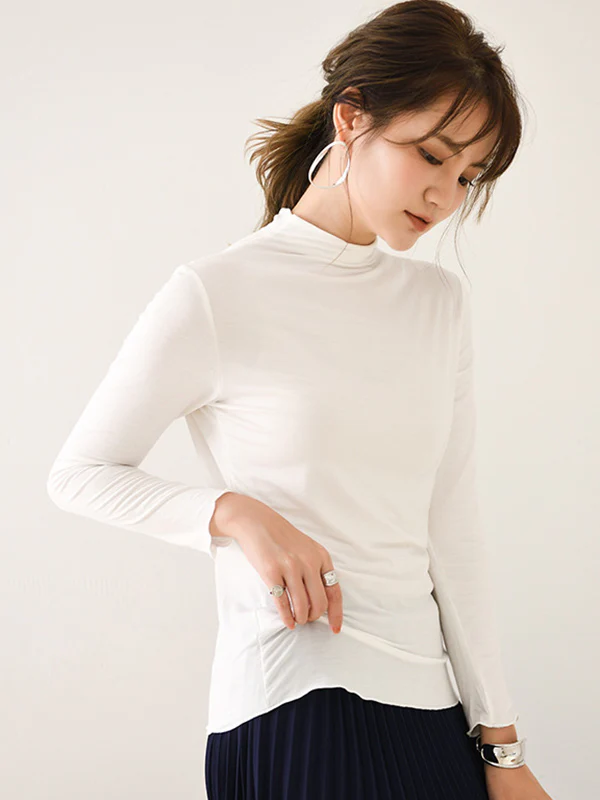 10 Colors Simple Solid Color Long Sleeves High-Neck T-Shirt Top - Image 12