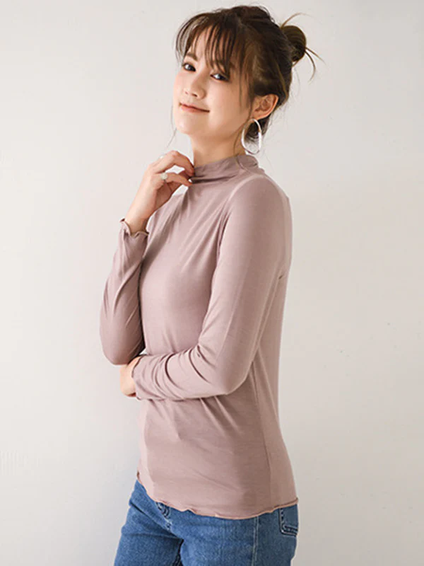 10 Colors Simple Solid Color Long Sleeves High-Neck T-Shirt Top - Image 13