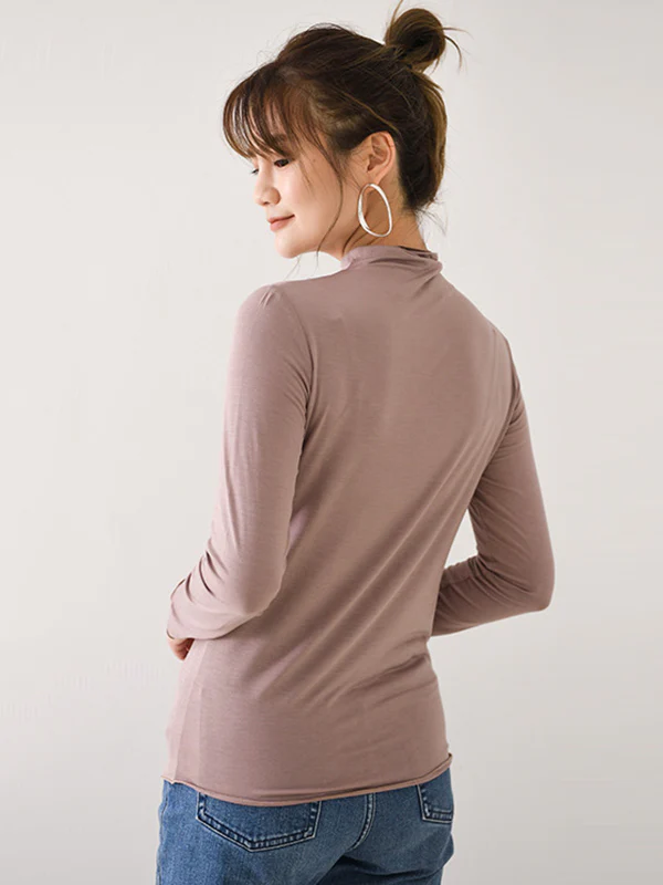 10 Colors Simple Solid Color Long Sleeves High-Neck T-Shirt Top - Image 14