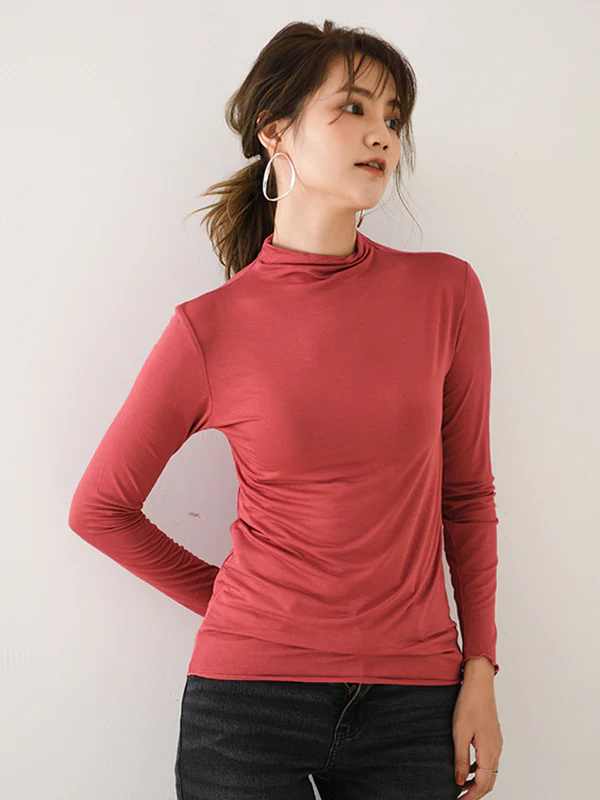 10 Colors Simple Solid Color Long Sleeves High-Neck T-Shirt Top - Image 15