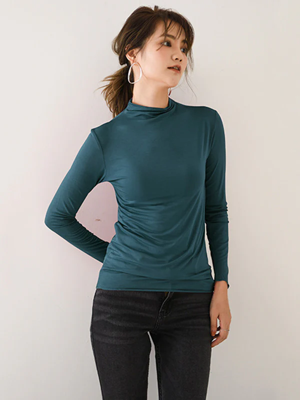 10 Colors Simple Solid Color Long Sleeves High-Neck T-Shirt Top - Image 16