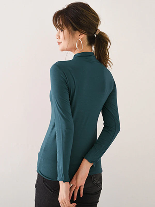 10 Colors Simple Solid Color Long Sleeves High-Neck T-Shirt Top - Image 17