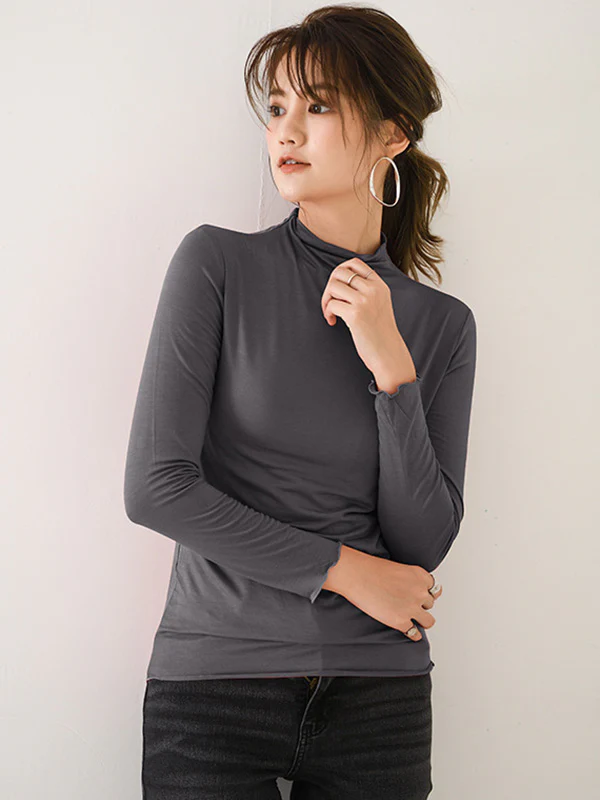 10 Colors Simple Solid Color Long Sleeves High-Neck T-Shirt Top - Image 18