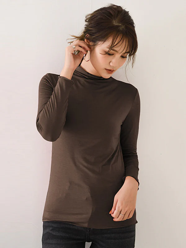 10 Colors Simple Solid Color Long Sleeves High-Neck T-Shirt Top - Image 19