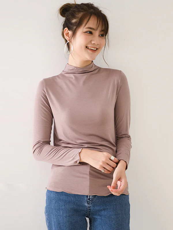 10 Colors Simple Solid Color Long Sleeves High-Neck T-Shirt Top - Image 2