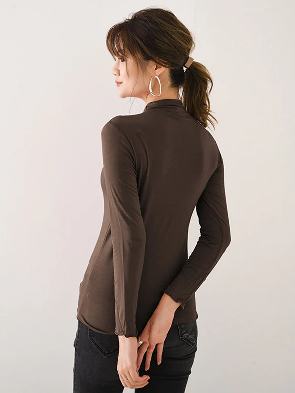 10 Colors Simple Solid Color Long Sleeves High-Neck T-Shirt Top - Image 20