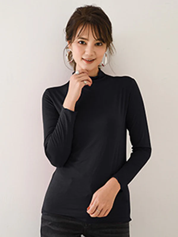10 Colors Simple Solid Color Long Sleeves High-Neck T-Shirt Top - Image 21
