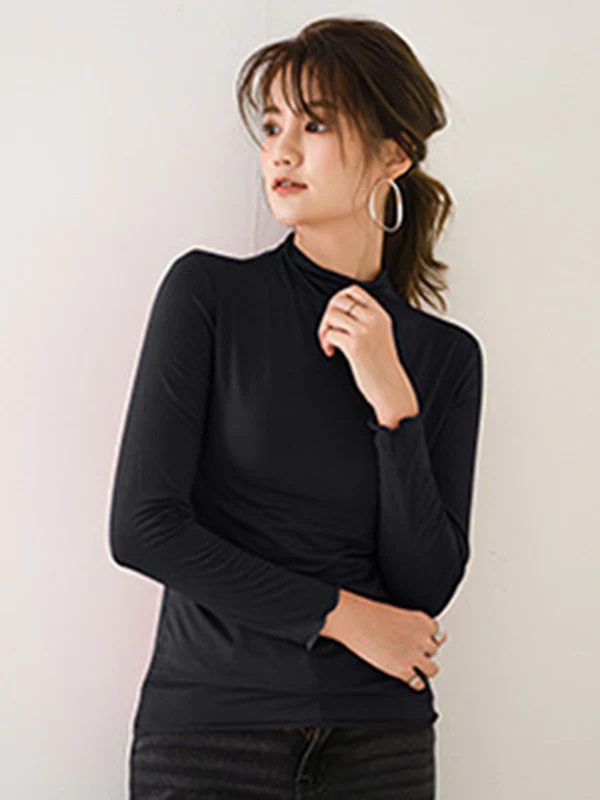 10 Colors Simple Solid Color Long Sleeves High-Neck T-Shirt Top - Image 22