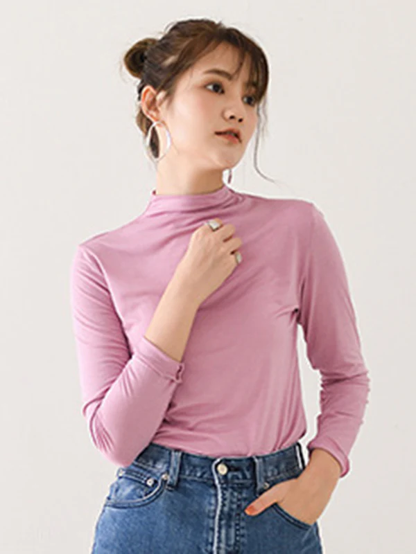 10 Colors Simple Solid Color Long Sleeves High-Neck T-Shirt Top - Image 23