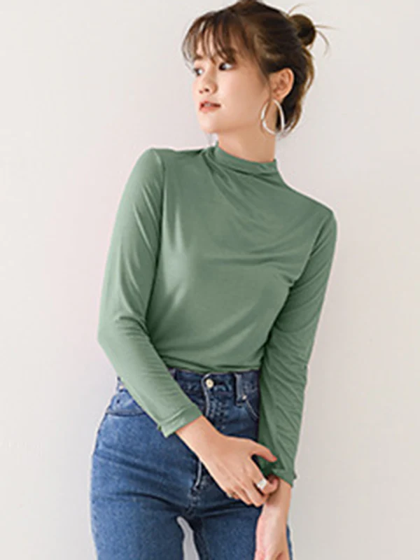 10 Colors Simple Solid Color Long Sleeves High-Neck T-Shirt Top - Image 24