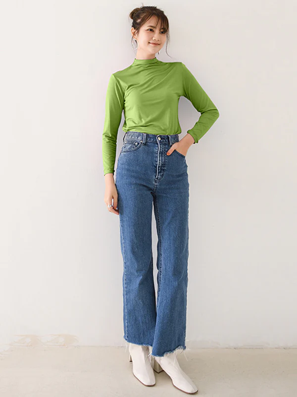 10 Colors Simple Solid Color Long Sleeves High-Neck T-Shirt Top - Image 28