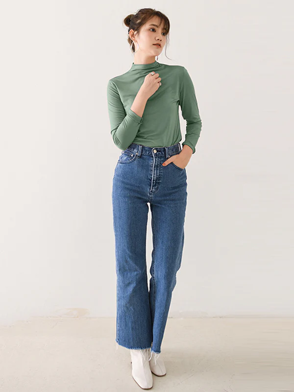 10 Colors Simple Solid Color Long Sleeves High-Neck T-Shirt Top - Image 29