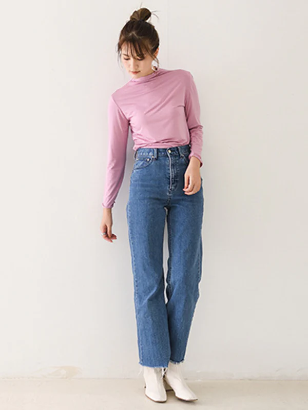10 Colors Simple Solid Color Long Sleeves High-Neck T-Shirt Top - Image 30