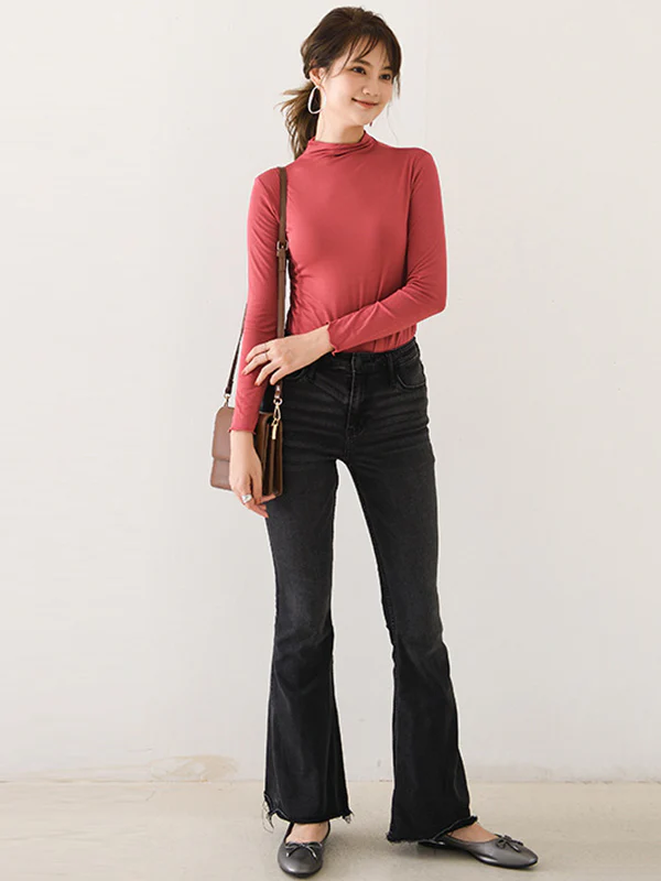 10 Colors Simple Solid Color Long Sleeves High-Neck T-Shirt Top - Image 35