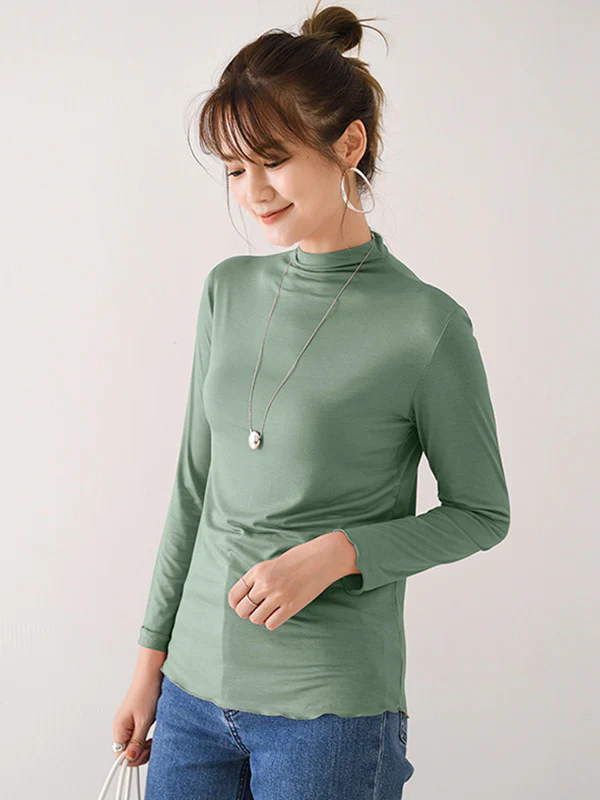 10 Colors Simple Solid Color Long Sleeves High-Neck T-Shirt Top - Image 4