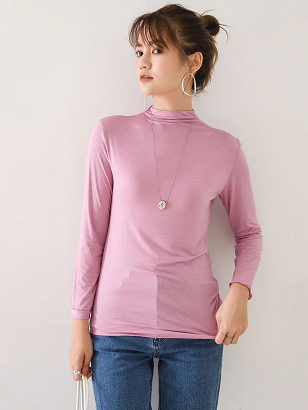 10 Colors Simple Solid Color Long Sleeves High-Neck T-Shirt Top - Image 5