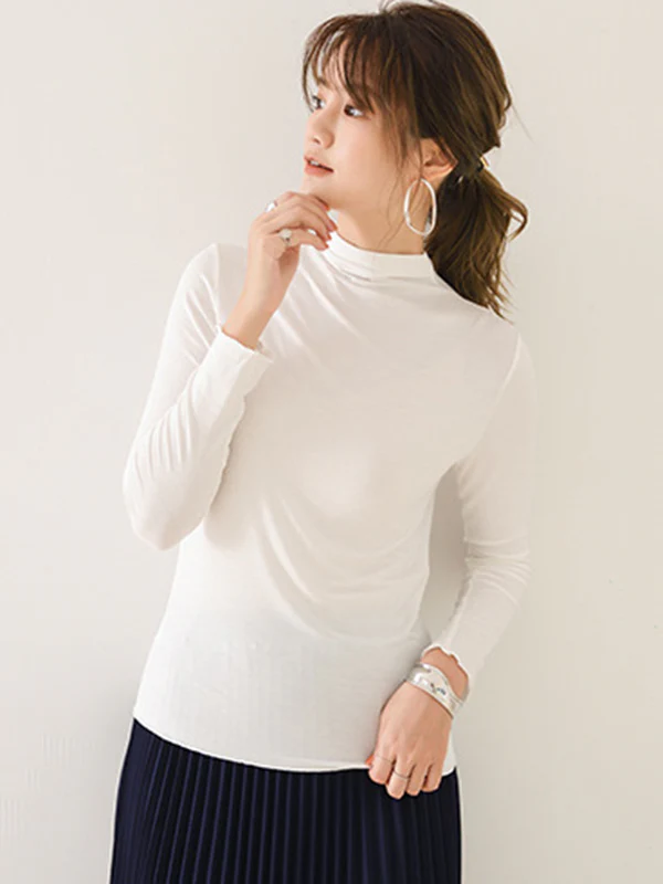 10 Colors Simple Solid Color Long Sleeves High-Neck T-Shirt Top - Image 6