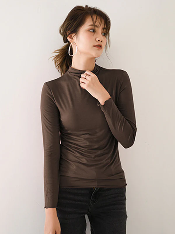 10 Colors Simple Solid Color Long Sleeves High-Neck T-Shirt Top - Image 7