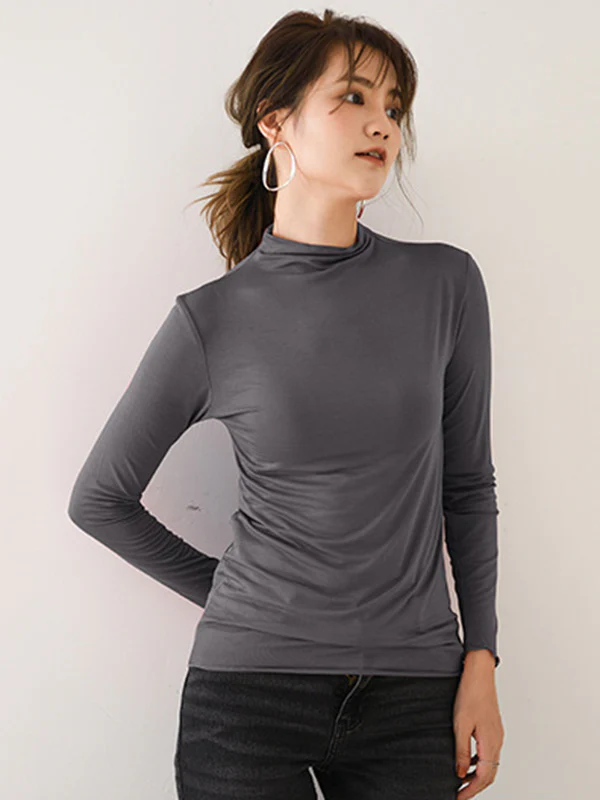 10 Colors Simple Solid Color Long Sleeves High-Neck T-Shirt Top - Image 8