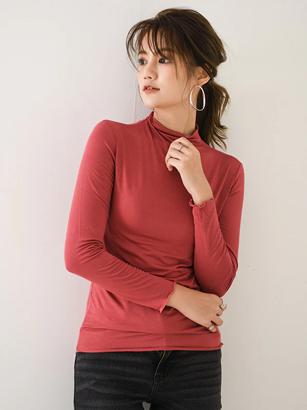 10 Colors Simple Solid Color Long Sleeves High-Neck T-Shirt Top - Image 9