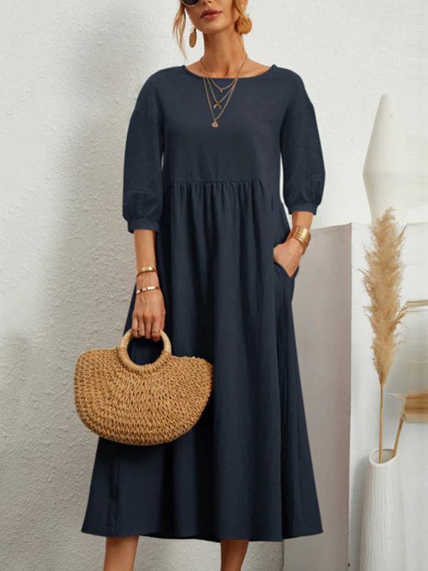 11 Colors Simple Round-Neck Solid Color Midi Dress - Image 10