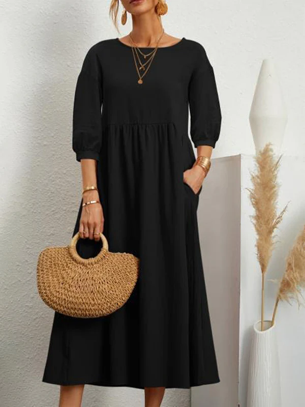 11 Colors Simple Round-Neck Solid Color Midi Dress - Image 11