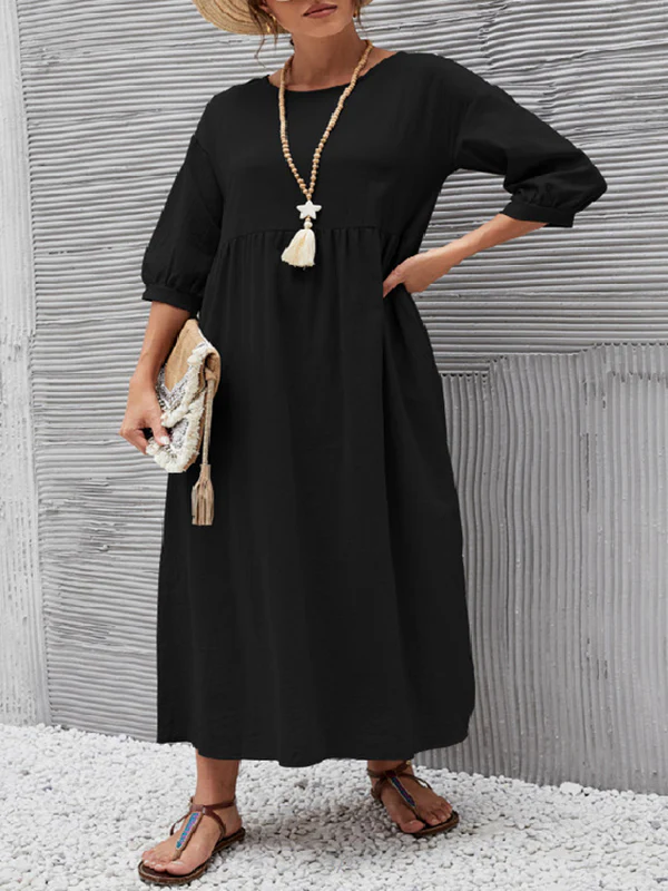 11 Colors Simple Round-Neck Solid Color Midi Dress - Image 12