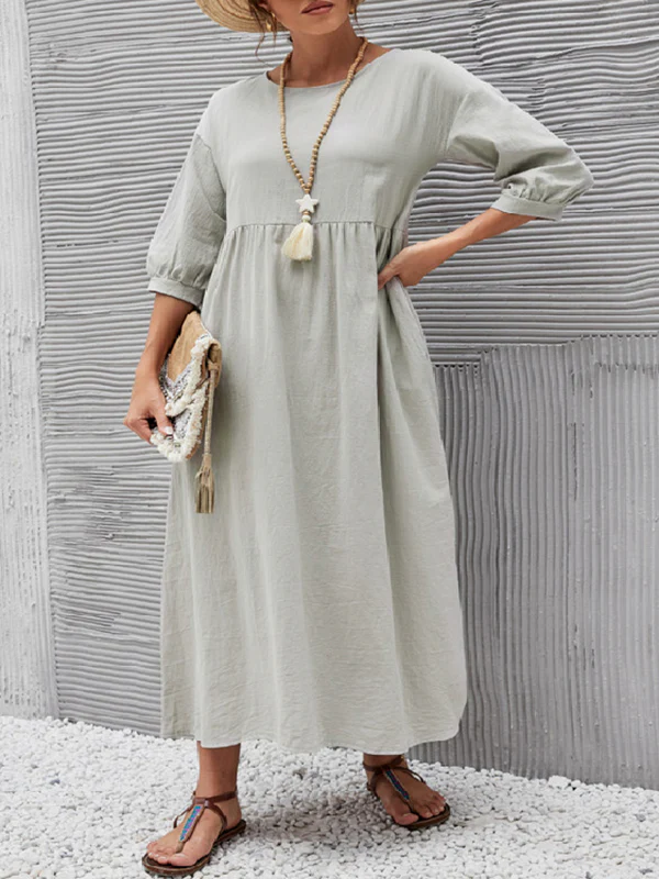 11 Colors Simple Round-Neck Solid Color Midi Dress - Image 13