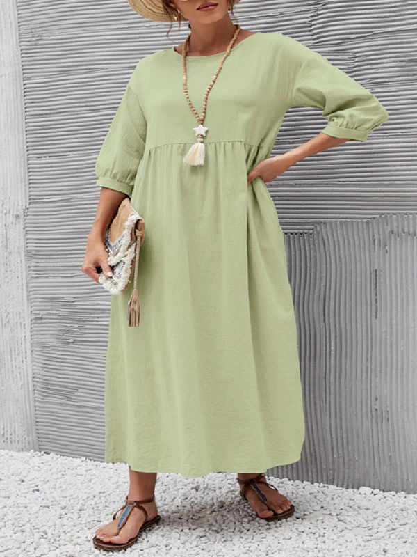 11 Colors Simple Round-Neck Solid Color Midi Dress - Image 14