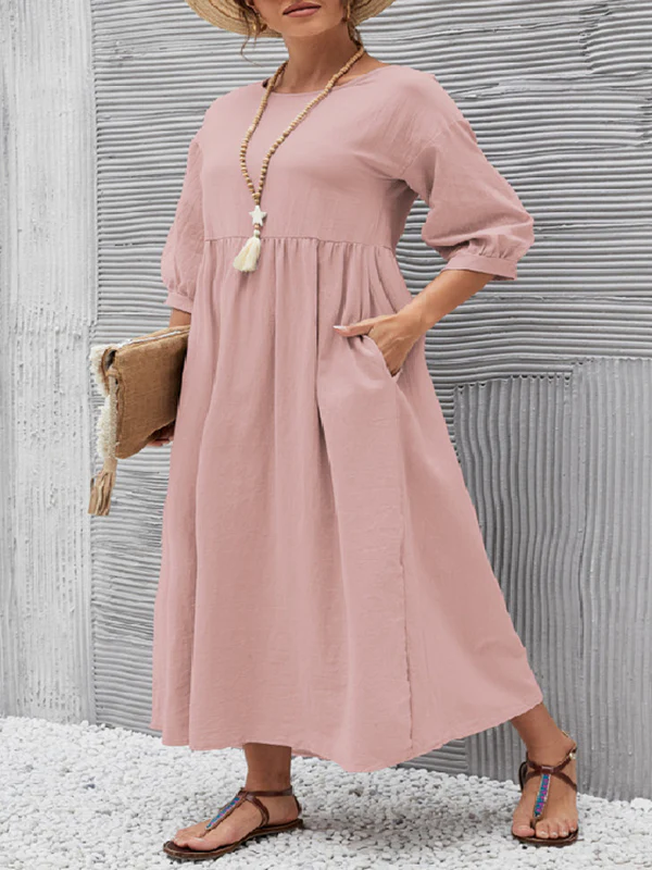 11 Colors Simple Round-Neck Solid Color Midi Dress - Image 15
