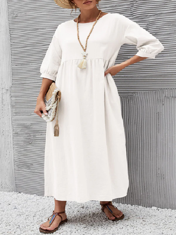 11 Colors Simple Round-Neck Solid Color Midi Dress - Image 16