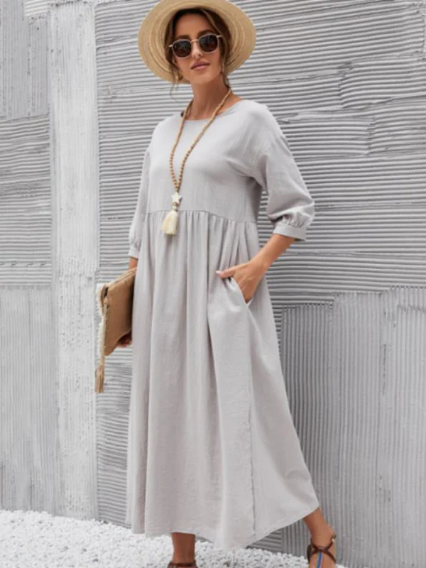 11 Colors Simple Round-Neck Solid Color Midi Dress - Image 17