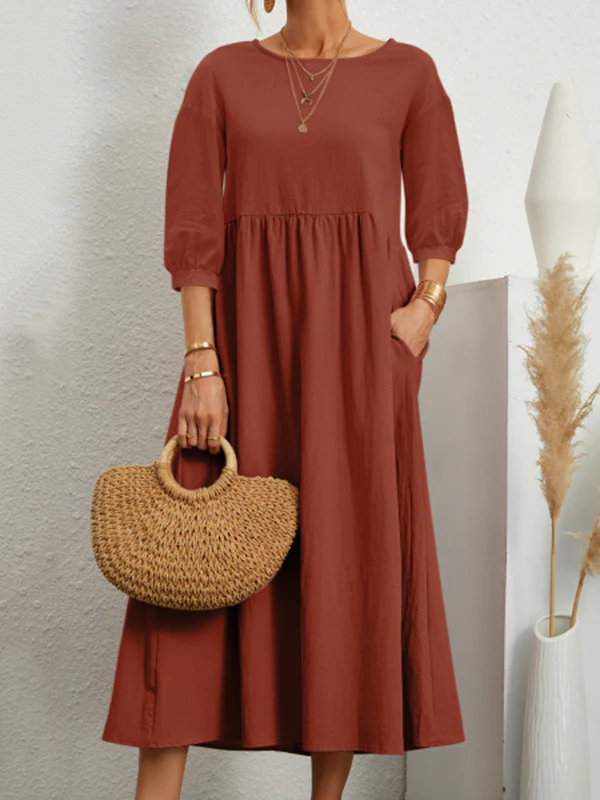 11 Colors Simple Round-Neck Solid Color Midi Dress - Image 2