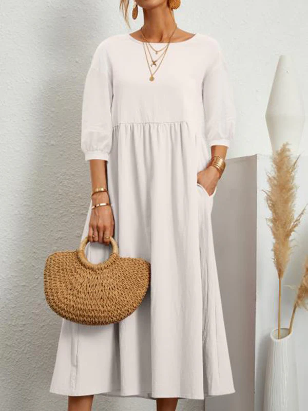 11 Colors Simple Round-Neck Solid Color Midi Dress - Image 3