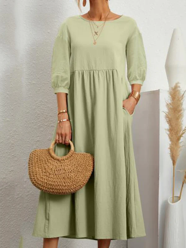 11 Colors Simple Round-Neck Solid Color Midi Dress - Image 4