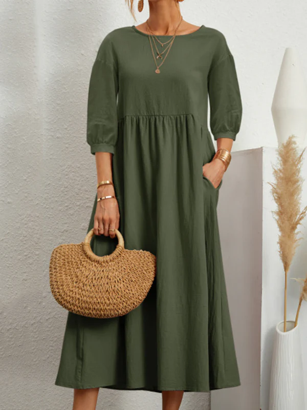11 Colors Simple Round-Neck Solid Color Midi Dress - Image 5
