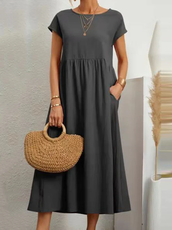 11 Colors Simple Round-Neck Solid Color Midi Dress - Image 6