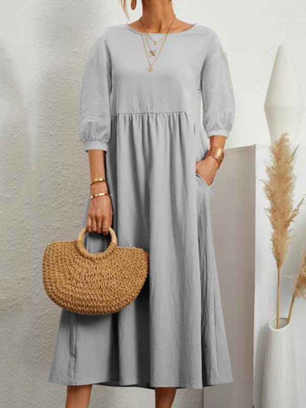 11 Colors Simple Round-Neck Solid Color Midi Dress - Image 7